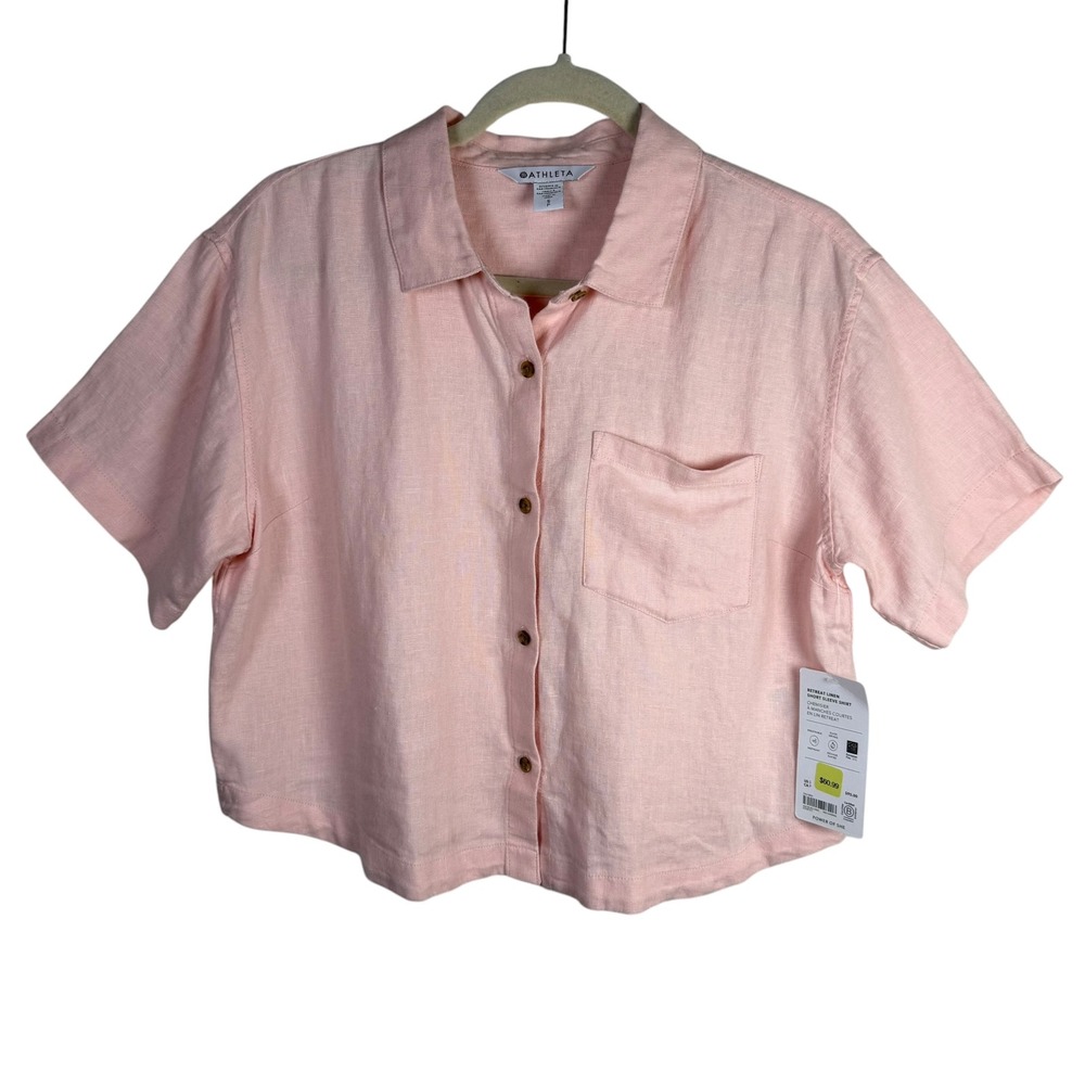 NWT Athleta Retreat Linen Boxy Button Up Short Sleeve Shirt Size Small Pink